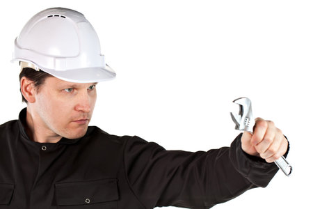 One adult male handyman professional technician repairman wearing black coveralls uniform and white...
