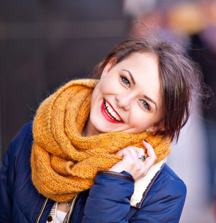 Young pretty girl posing to camera. Cute Caucasian model.Close-up portraitの写真素材