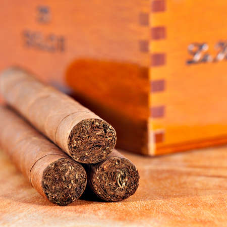 Genuine Cuban cigars and wooden varnished cigar boxの写真素材
