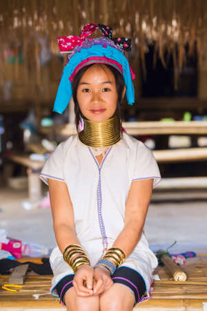CHIANG RAI, THAILAND - JANUARY 2015: Karen tribal girl near Mae Hong Son, Thailand, Chiang Rai. Padaung long neck hill tribe village, refugee community originate from neighboring Myanmar.のeditorial素材