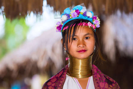 CHIANG RAI, THAILAND - JANUARY 2015: Karen tribal girl near Mae Hong Son, Thailand, Chiang Rai. Padaung long neck hill tribe village, refugee community originate from neighboring Myanmar.のeditorial素材