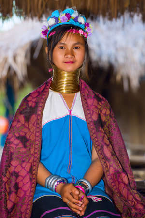 CHIANG RAI, THAILAND - JANUARY 2015: Karen tribal girl near Mae Hong Son, Thailand, Chiang Rai. Padaung long neck hill tribe village, refugee community originate from neighboring Myanmar.のeditorial素材