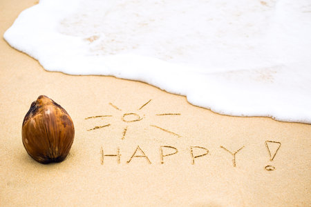 Inscription of word Happy with exclamation mark written on wet yellow beach sand and coconutの写真素材