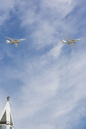 MOSCOW, RUSSIA - MAY 9, 2015: Supersonic strategic bombers Tu-160 (White Swan) at military parade devoted to 70th anniversary of Victory Day in WWII in Europe aka The Great Patriotic War.のeditorial素材