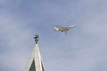 MOSCOW, RUSSIA - MAY 9, 2015: Supersonic strategic bomber Tu-160 (White Swan) at military parade devoted to 70th anniversary of Victory Day in WWII in Europe aka The Great Patriotic War.のeditorial素材