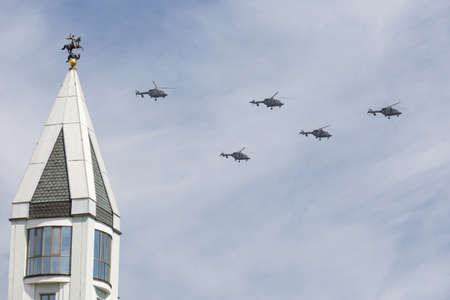 MOSCOW, RUSSIA - MAY 9: Ansat-U light multipurpose helicopters fly on military parade devoted to 70th anniversary of Victory Day in WWII in Europe aka The Great Patriotic War.のeditorial素材