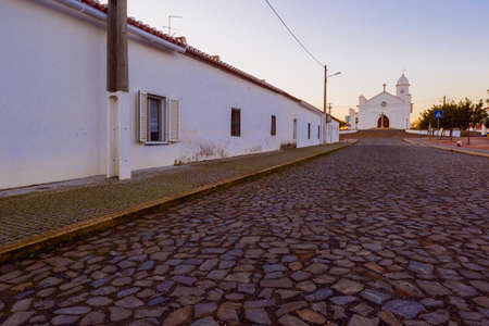 Cobbled street in Mina de Sao Domingos, Alentejo region, south of Portugal.の写真素材