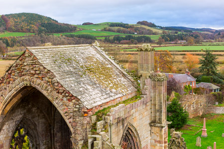 Ruins of Melrose Abbey in the Scottish Borders region in Scotland.の写真素材