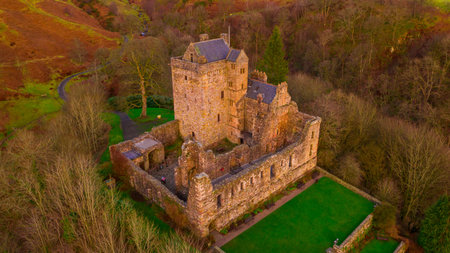 Aerial view of Medieval Castle Campbell ruin at Glen Dollar, Clackmannanshire, Scotland.のeditorial素材