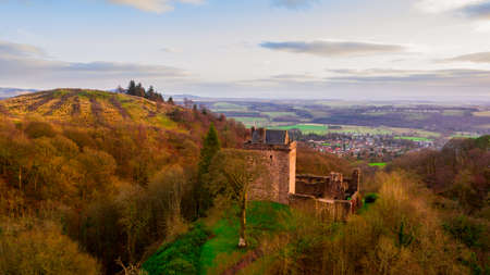 Aerial view of Medieval Castle Campbell ruin at Glen Dollar, Clackmannanshire, Scotland.のeditorial素材