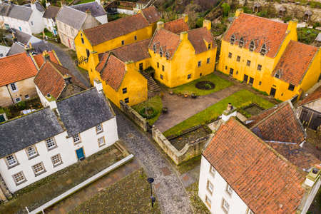 Aerial view of Culross town with it's beautiful 17th century Palace, the merchant's house and traditional Scottish cottages.の写真素材
