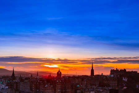 Picturesque view over evening Edinburgh old town  from Calton hill, Scotland.の写真素材