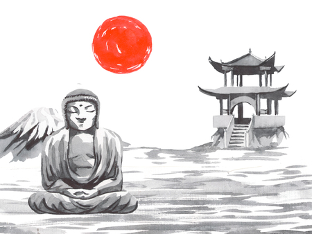 Japan traditional sumi-e painting. Fuji mountain, sakura, sunset. Japan sun. Indian ink illustration. Japanese picture.の写真素材