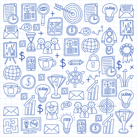 Vector set of bussines icons in doodle style. painted by penon a piece of paper in cage.のイラスト素材