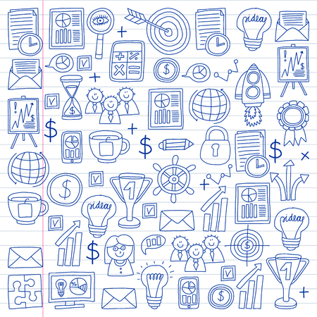 Vector set of bussines icons in doodle style. painted by penon a piece of paper in line.のイラスト素材