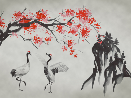 Japan traditional sumi-e painting. Fuji mountain, sakura, sunset. Japan sun. Indian ink illustration. Japanese picture.の写真素材