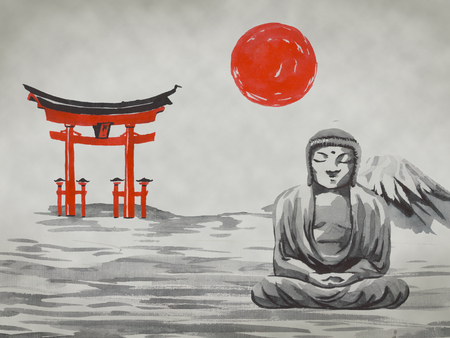 Japan traditional sumi-e painting. Fuji mountain, sakura, sunset. Japan sun. Indian ink illustration. Japanese picture.の写真素材