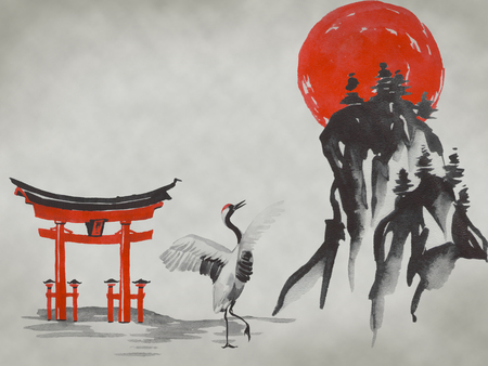 Japan traditional sumi-e painting. Fuji mountain, sakura, sunset. Japan sun. Indian ink illustration. Japanese picture.の写真素材