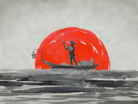 Japan traditional sumi-e painting. Fuji mountain, sakura, sunset. Japan sun. Indian ink illustration. Japanese picture.の写真素材