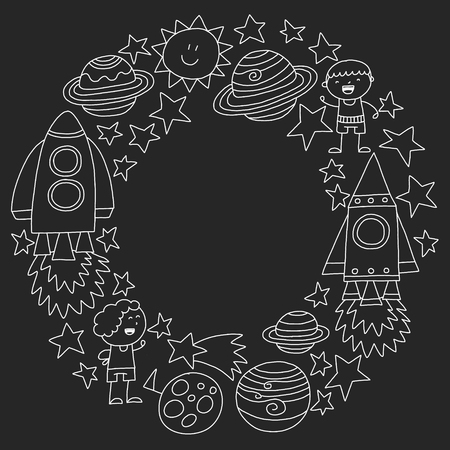 Vector set of space elements icons in doodle style. Painted, black monochrome, chalk pictures on a blackboard.のイラスト素材
