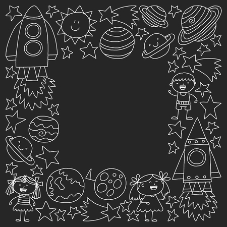 Vector set of space elements icons in doodle style. Painted, black monochrome, chalk pictures on a blackboard.のイラスト素材