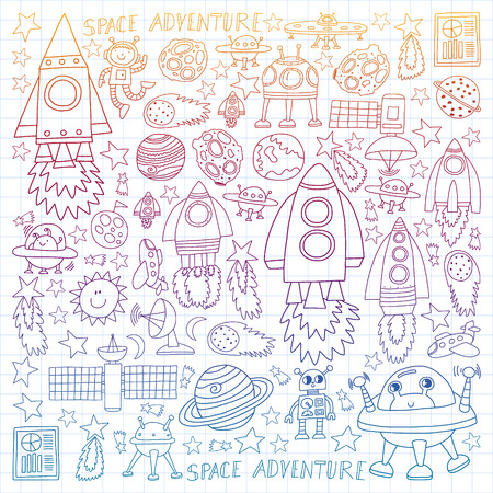 Vector set of space elements icons in doodle style. Painted, colorful, gradient, on a sheet of checkered paper on a white background.のイラスト素材
