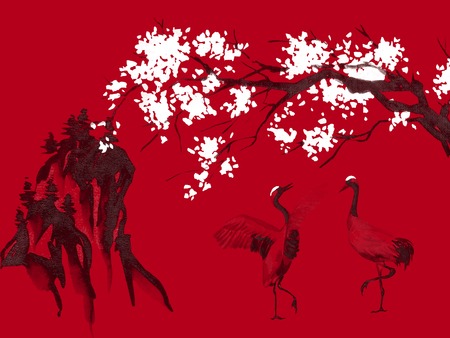 Japan traditional sumi-e painting. Watercolor and ink illustration in style sumi-e, u-sin. Fuji mountain, sakura, sunset. Japan sun. Indian ink illustration. Japanese picture, red background.の写真素材