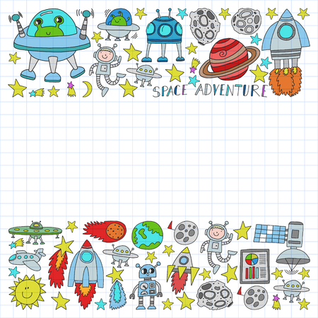 Vector set of space elements icons in doodle style. Painted, colorful, on a sheet of checkered paper on a white background.のイラスト素材