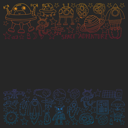 Vector set of space elements icons in doodle style. Painted, colorful, gradient pictures on a piece of paper on blackboard.の写真素材
