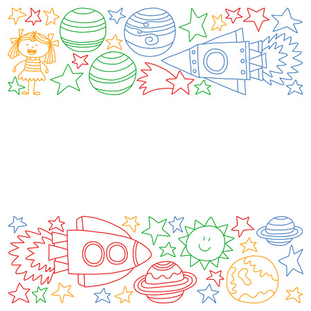 Vector set of space elements icons in doodle style. Painted, colorful, pictures on a piece of paper on white background.のイラスト素材