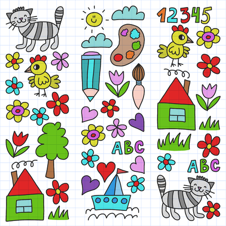 Kindergarten pattern, drawn kids garden elements pattern, doodle drawing, vector illustration, colorful. cage.のイラスト素材