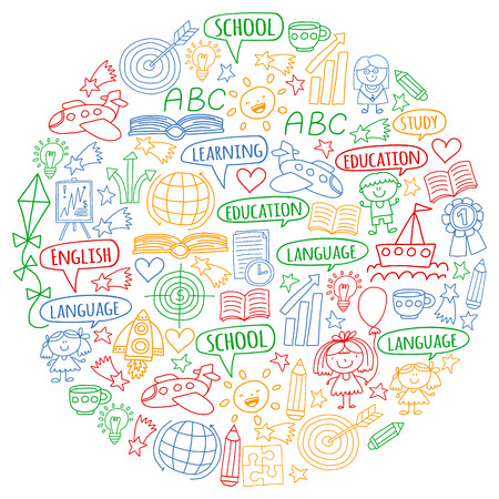 Vector set of learning English language, childrens drawing icons in doodle style. Painted, colorful, pictures on a piece of paper on white background.のイラスト素材