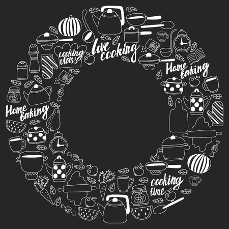 Vector set of icons in doodle style. Painted, black monochrome, chalk pictures on a blackboardのイラスト素材