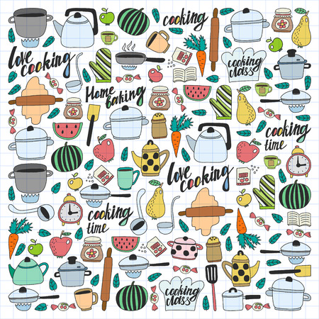 Vector set of children's kitchen and cooking drawings icons in doodle style. Painted, colorful, on a sheet of checkered paper on a white backgroundのイラスト素材