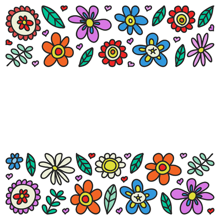 Vector set of child drawing flowers icons in doodle style. Painted, colorful, pictures on a piece of paper on white backgroundのイラスト素材