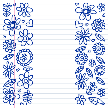 Vector set of child drawing flowers icons in doodle style. Painted, drawn with a pen, on a sheet of checkered paper on a white backgroundのイラスト素材