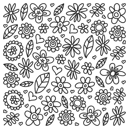 Vector set of child drawing flowers icons in doodle style. Painted, black monochrome, pictures on a piece of paper on white backgroundのイラスト素材
