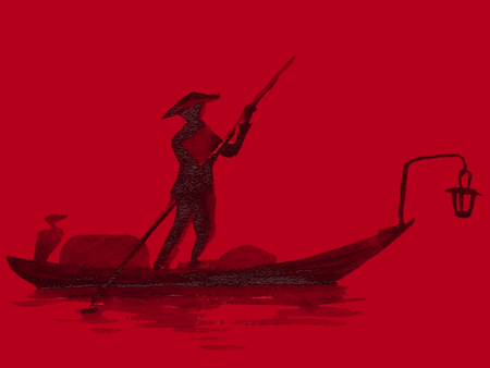 Japan traditional sumi-e painting. Watercolor and ink illustration in style sumi-e, u-sin. Fuji mountain, sakura, sunset. Japan sun. Indian ink illustration. Japanese picture, red backgroundの写真素材