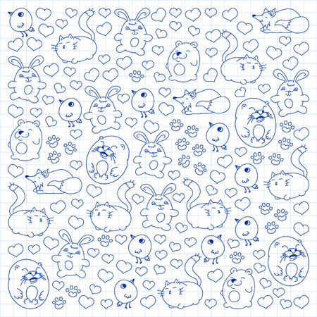 Vector set of beautiful round icons in the form of wild animals for children and design, print, cat ,bear, fox, bird ,hare or rabbit. Round animals with caption on white background in cageのイラスト素材