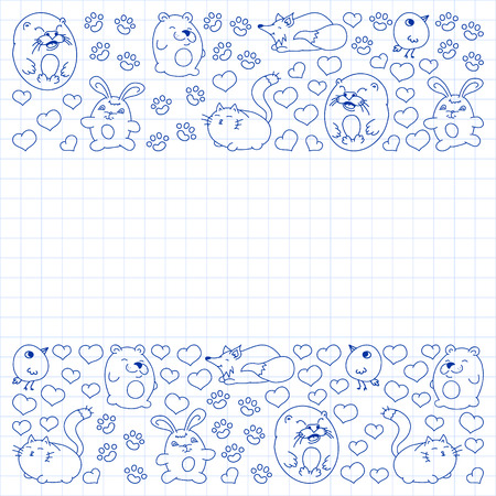 Vector set of beautiful round icons in the form of wild animals for children and design, print, cat ,bear, fox, bird ,hare or rabbit. Round animals with caption on white background in cageのイラスト素材