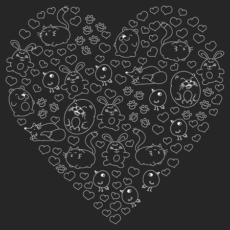 Vector set of beautiful round icons in the form of wild animals for children and design, print, cat ,bear, fox, bird ,hare or rabbit. Round animals with caption on black background.のイラスト素材