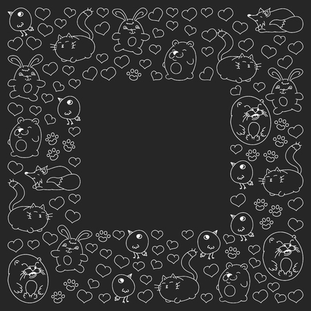 Vector set of beautiful round icons in the form of wild animals for children and design, print, cat ,bear, fox, bird ,hare or rabbit. Round animals with caption on black background.のイラスト素材