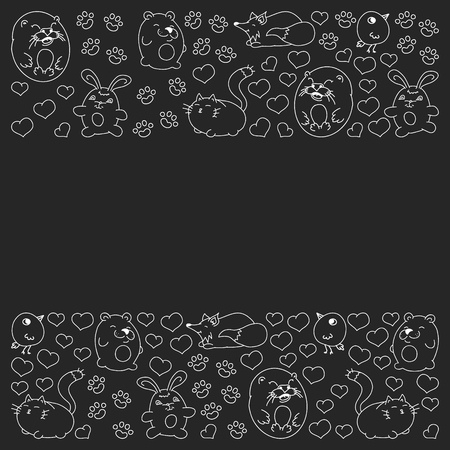 Vector set of beautiful round icons in the form of wild animals for children and design, print, cat ,bear, fox, bird ,hare or rabbit. Round animals with caption on black background.のイラスト素材