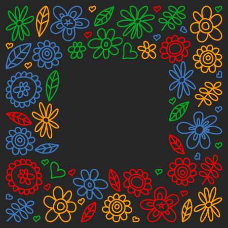 Vector set of child drawing flowers icons in doodle style. Painted, colorful, gradient pictures on a piece of paper on blackboardのイラスト素材