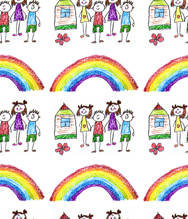 Child's painting on paper. Kids drawing image. Little children, boys and girls. School, kindergarten illustration. Play and grow. Teacher with students. Seamlessの写真素材