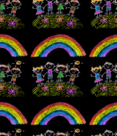 Child's painting on paper. Kids drawing image. Little children, boys and girls. School, kindergarten illustration. Play and grow. Teacher with students. Seamlessの写真素材
