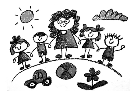 Children's drawings in pencil on paper, kindergarten, drawing, learning, drawing with the teacherの写真素材