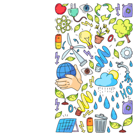 Vector logo, design and badge in trendy drawing style - zero waste concept, recycle and reuse, reduce - ecological lifestyle and sustainable developments iconsのイラスト素材