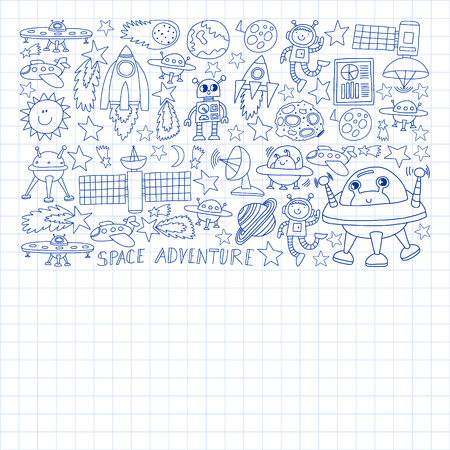 Vector set of space elements icons in doodle style. Painted, drawn with a pen, on a sheet of checkered paper on a white backgroundのイラスト素材