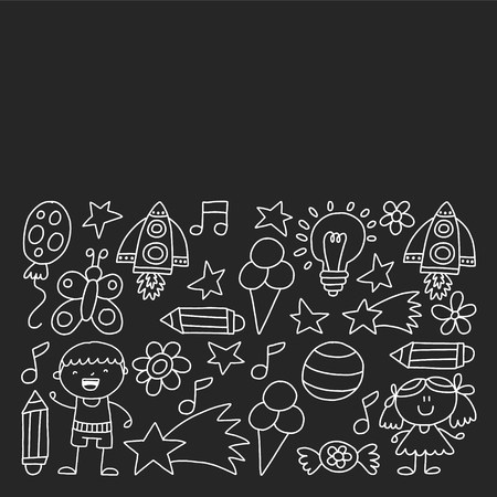 Children garden, Patern, Hand drawn children garden elements pattern, doodle illustration, Vector, illustration Verticalのイラスト素材